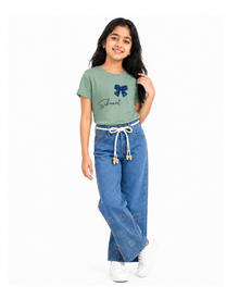 Circle Stoned Denim Baggy Pant | Mid Blue