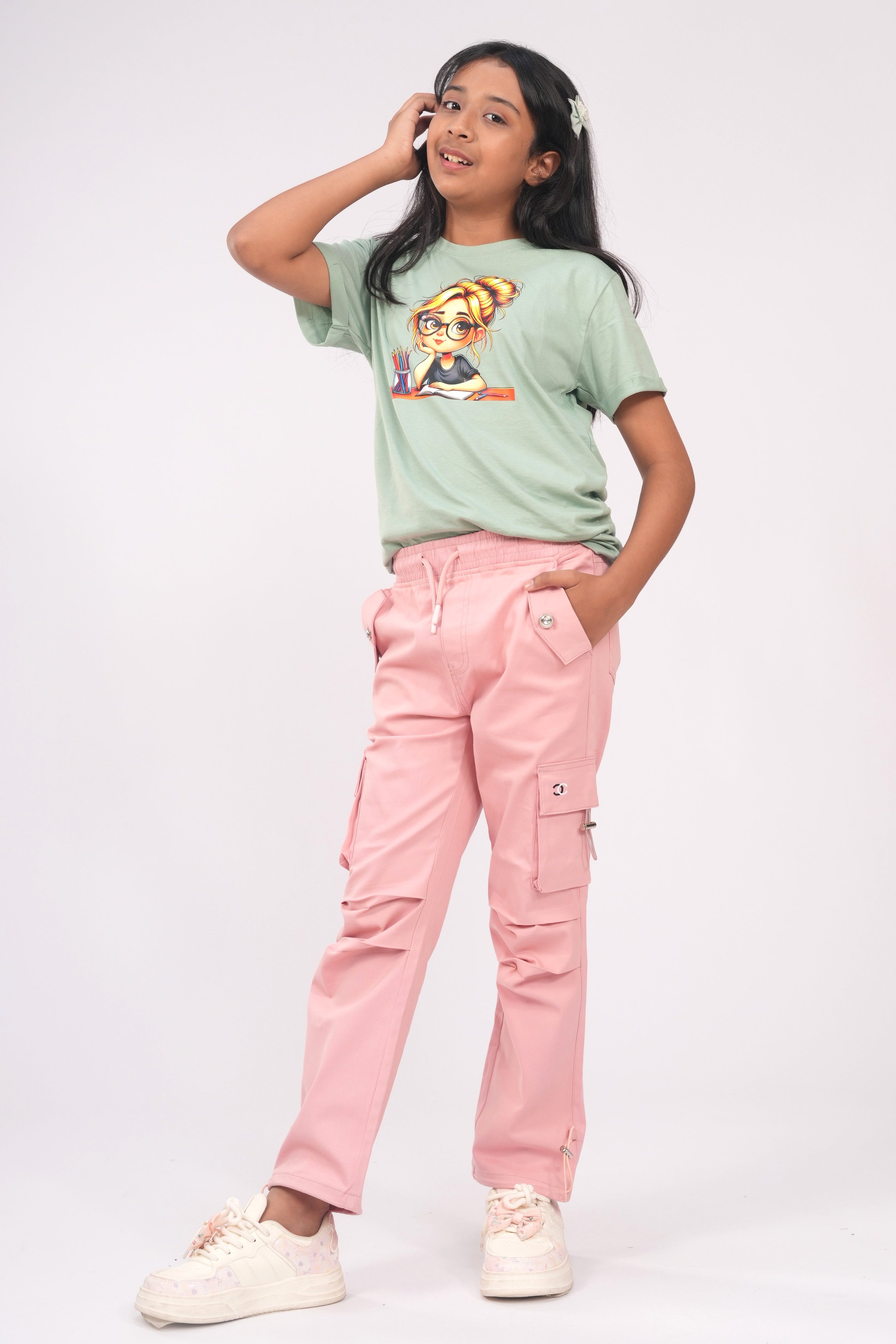 Premium Girls' Twill Baggy Cargo Jogger Pant | Pink & Saga Green Main image