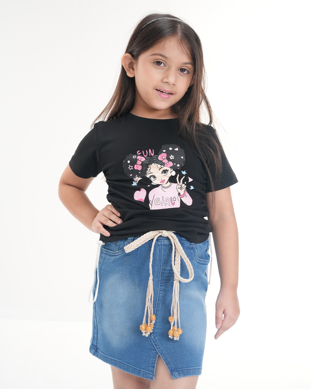 Girls Denim Skirts Set | MidBlue & Black
