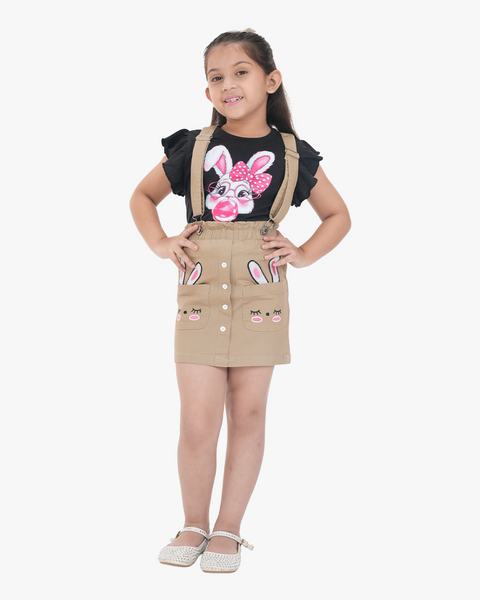 Sandy Bunny Suspender Skirt Set (Khaki+Black )