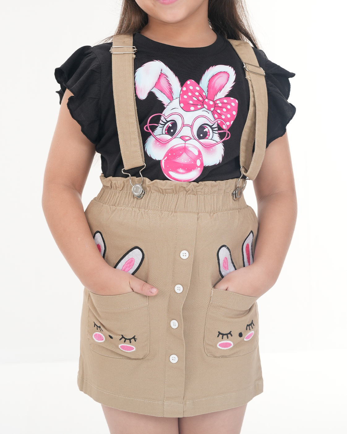 Sandy Bunny Suspender Skirt Set (Khaki+Black )