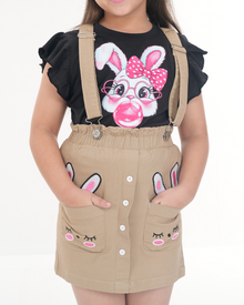 Sandy Bunny Suspender Skirt Set (Khaki+Black )