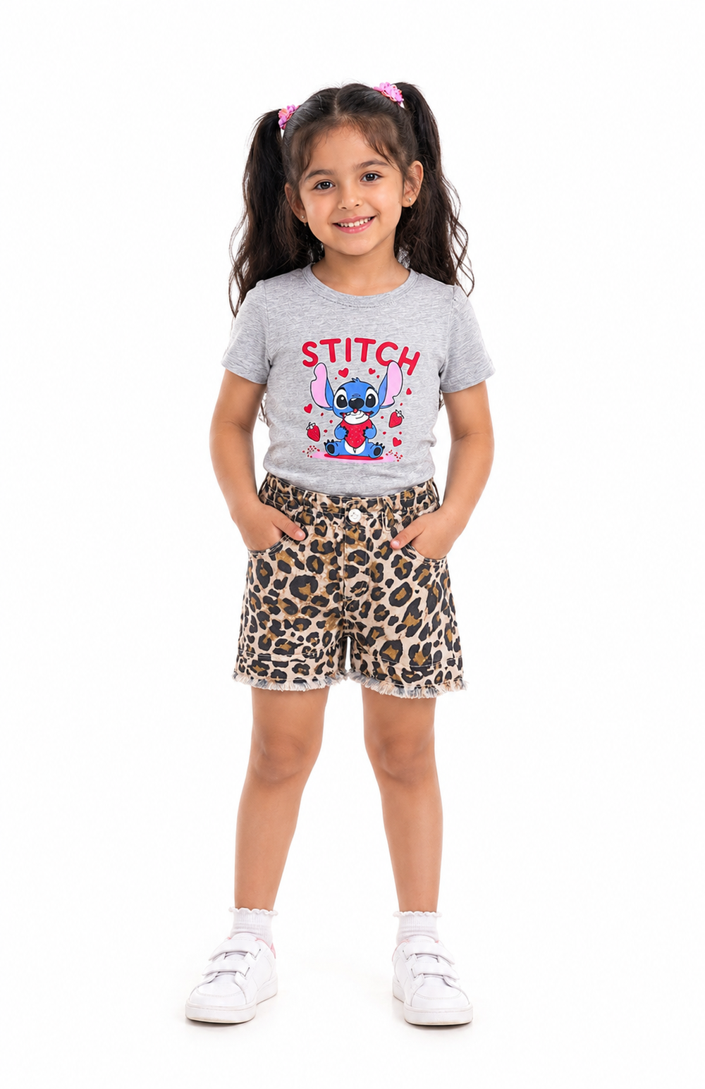 Girls Leopard Summer Shorts Sets | Grey
