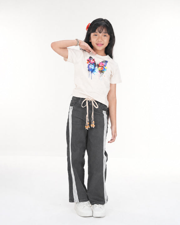 Girls Twill Denim Baggy Pant | Charcoal Grey & Beige Set