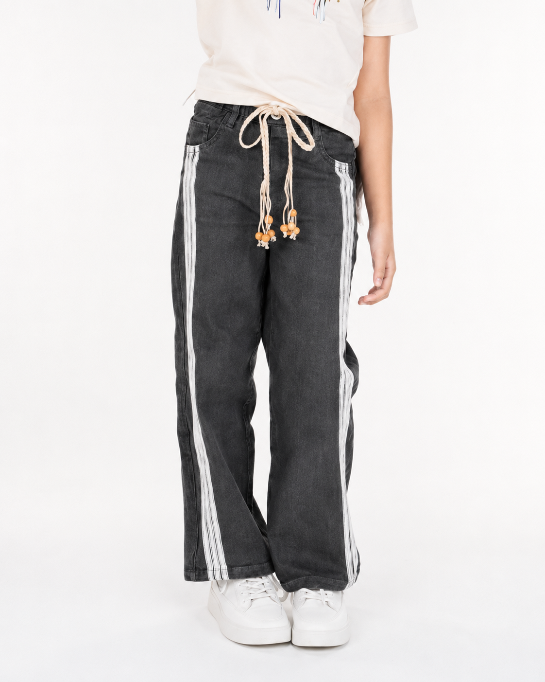 Girls Twill Denim Baggy Pant | Charcoal Grey & Beige Set