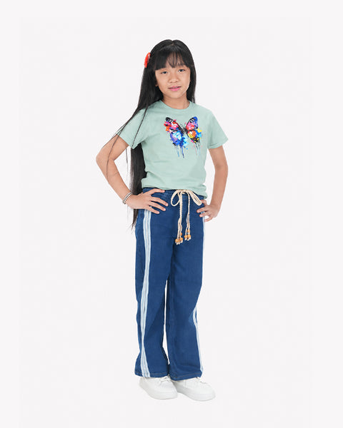 Girls Twill Denim Baggy Pant | Indigo Blue & Sage Green Set