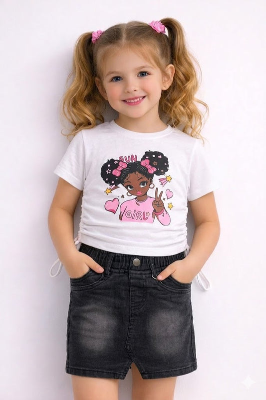 Cute Fun Girls Denim Skirts Set | White